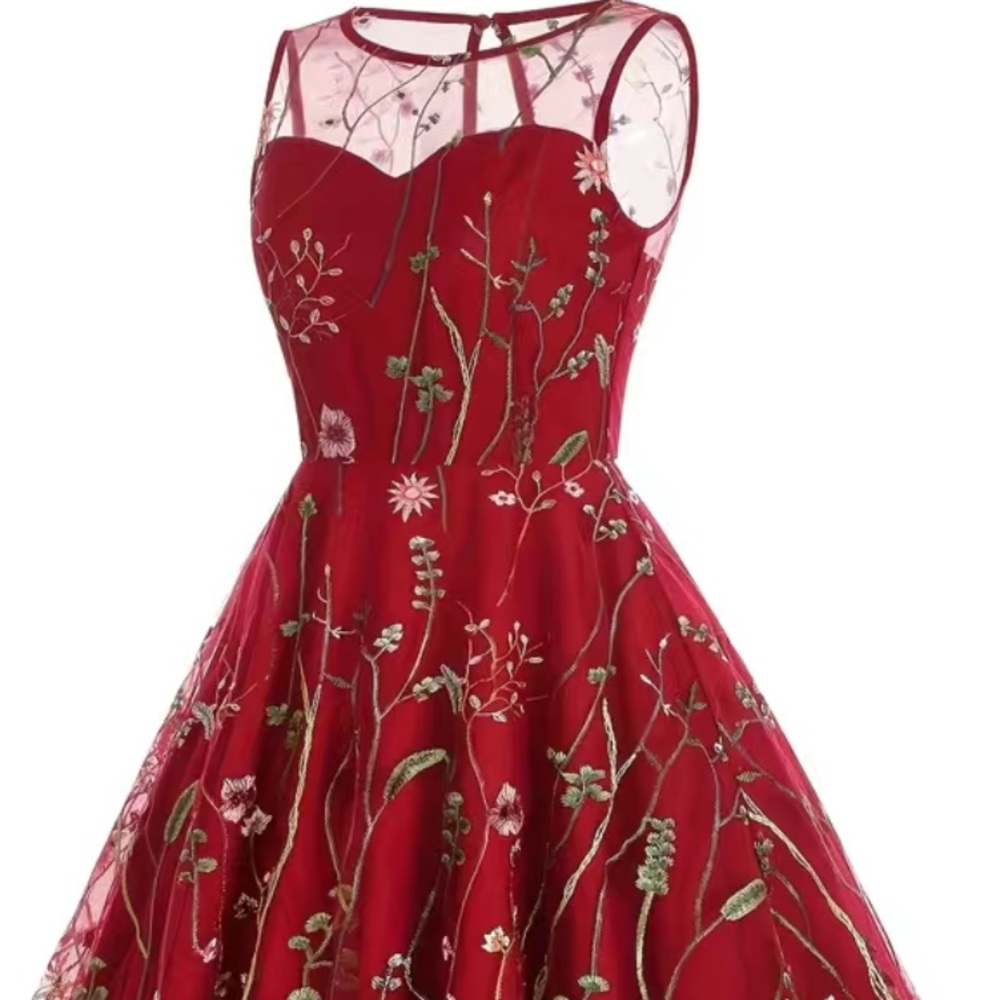 Embroidery Mesh Floral Print Dress Red Size 12